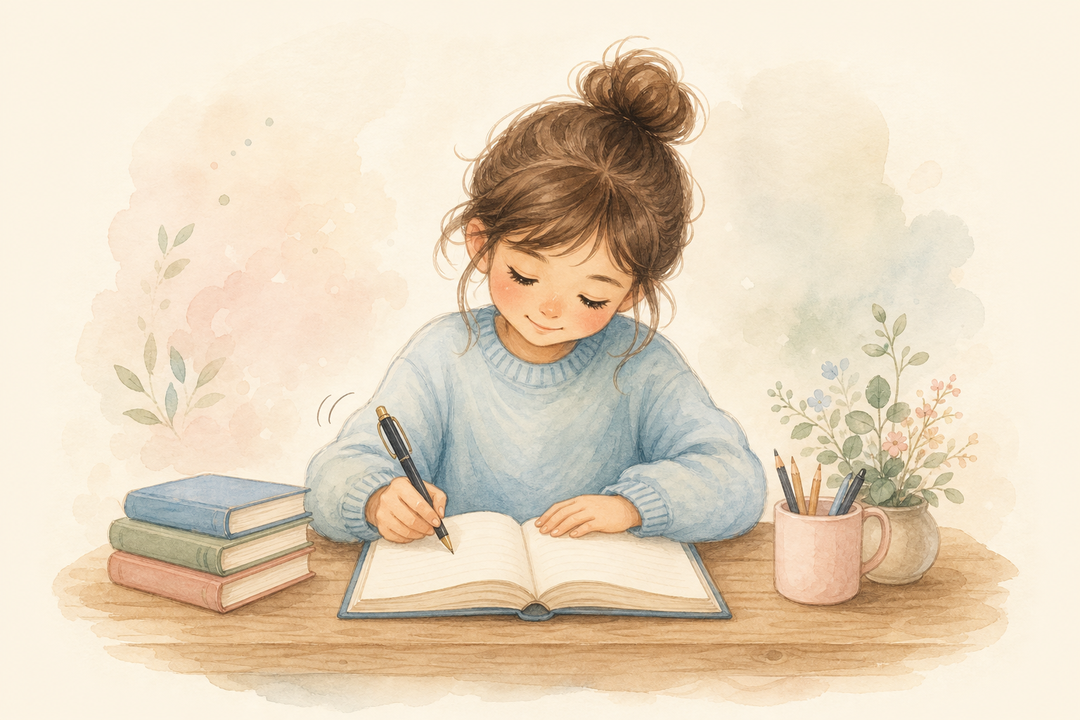 A pastel illustration of a child writing in an open book at a table